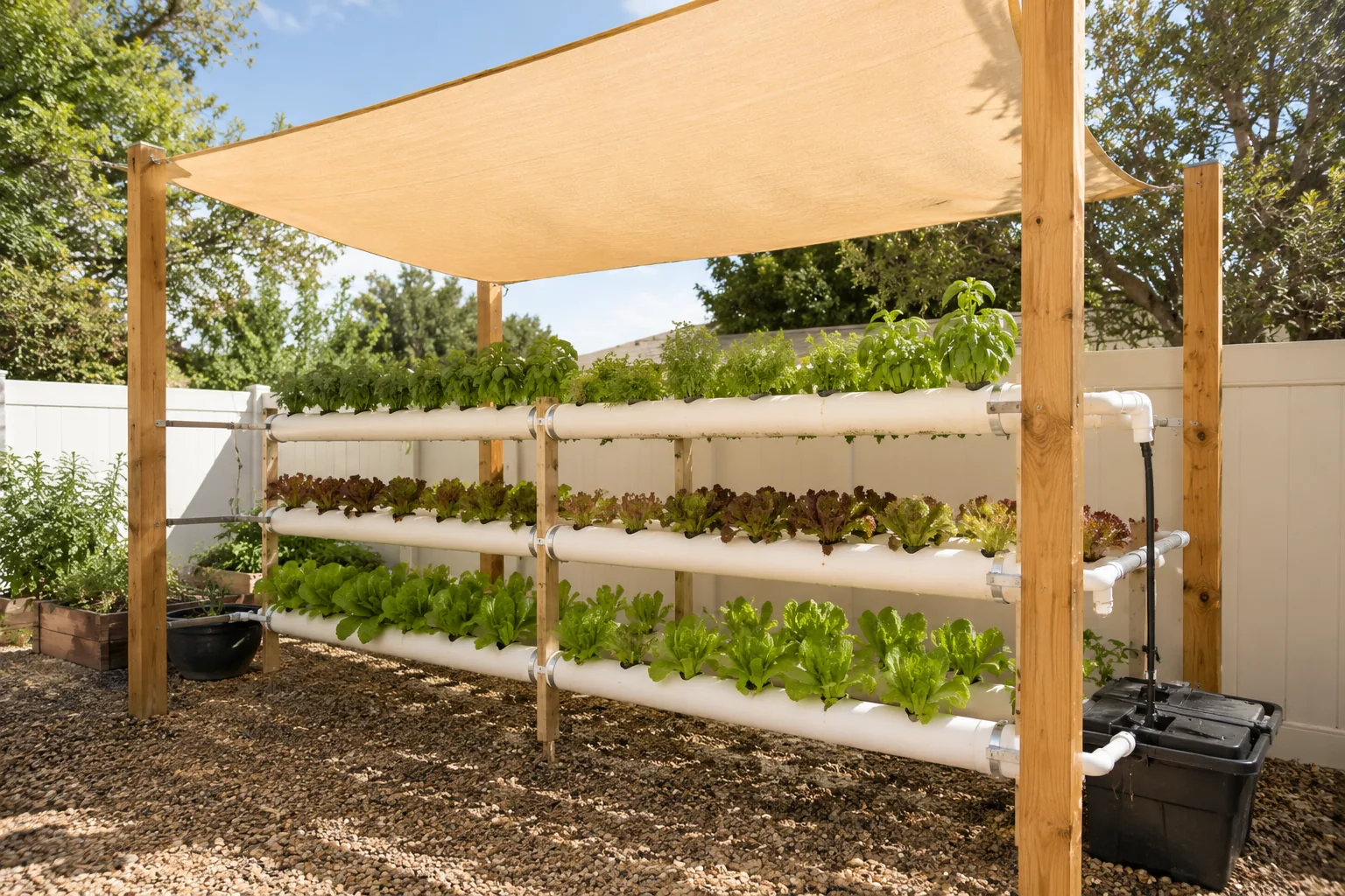 NFT hydroponic pipes mounted on wooden posts under a tan backyard shade sail with lettuce and herbs growing in rows, gravel ground cover, bright summer light filtered through sail fabric