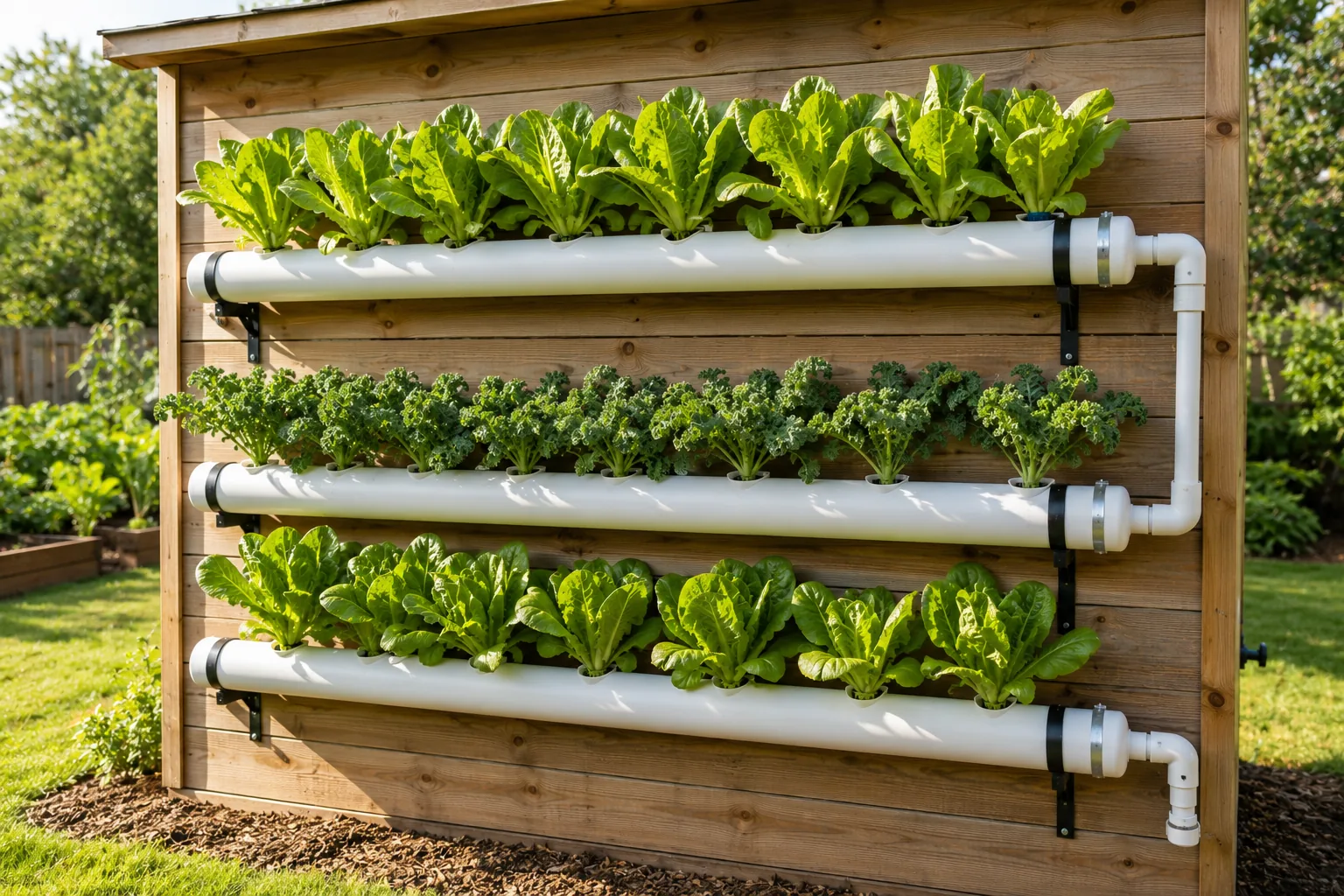 NFT hydroponic pipes mounted in three rows on the side of a wooden garden shed with romaine lettuce and kale growing, south-facing wall with bright afternoon sunlight, green backyard