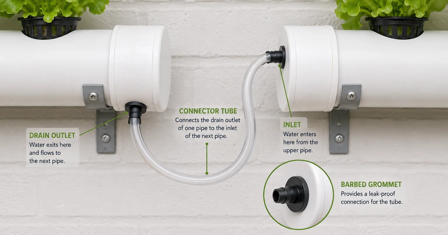 Close-up of barbed grommet installed in PVC end cap with connector tube running between two pipe ends, drain outlet and inlet labeled