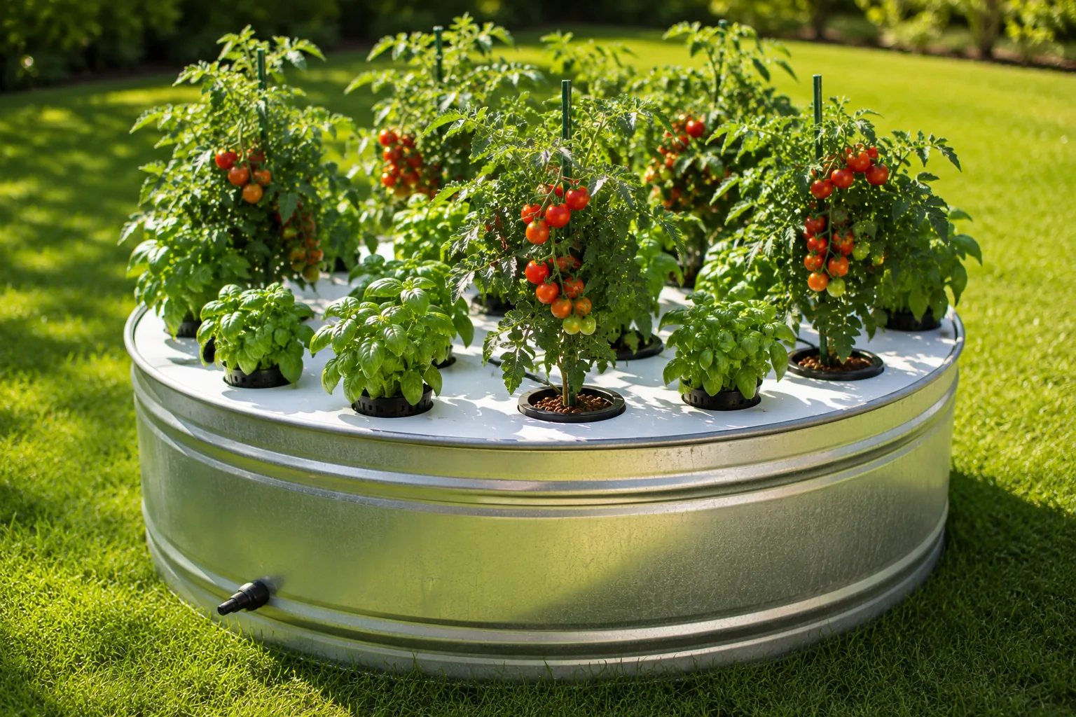 Galvanized round stock tank converted to a deep water culture hydroponic system with net pots across the lid, growing tomatoes and basil, positioned as a backyard focal point on green lawn