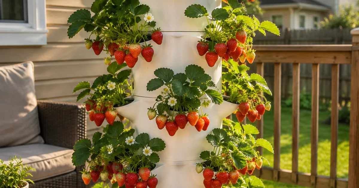 White hydroponic tower garden on a sunny suburban deck covered in ripe red strawberries cascading from every planting pocket, black reservoir at base, warm golden hour light