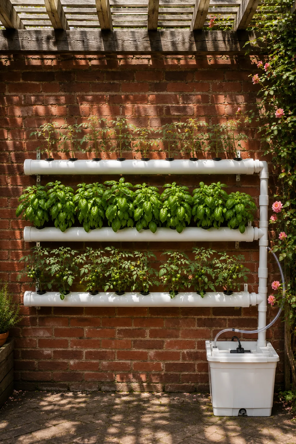 Tower garden hydroponic system on a sunny wooden deck covered in ripe strawberries cascading from every port, warm golden hour light