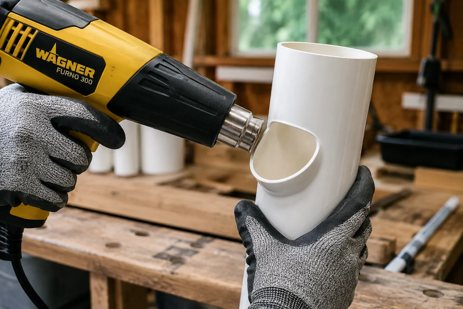 Gloved hands using a heat gun on a white PVC pipe, with a freshly formed planting pocket visible on the pipe surface, workshop setting