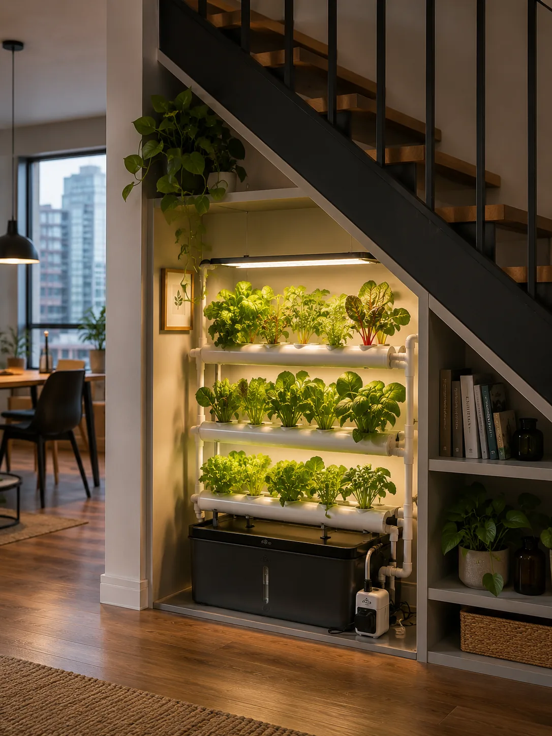NFT hydroponic system built into under-stair alcove in apartment with LED grow lights illuminating three rows of lettuce, chard, and bok choy, black reservoir at base, city view through window