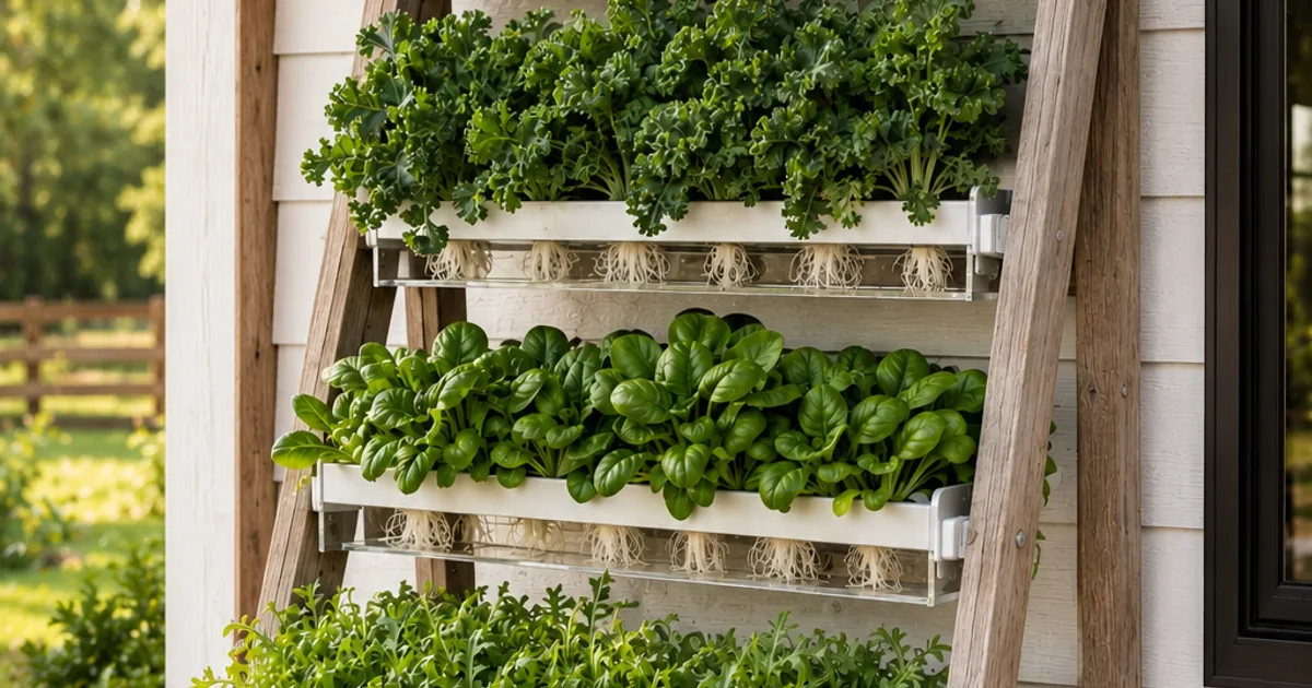 A-Frame vertical hydroponic system on a farmhouse porch with multiple rows of leafy greens and visible white roots