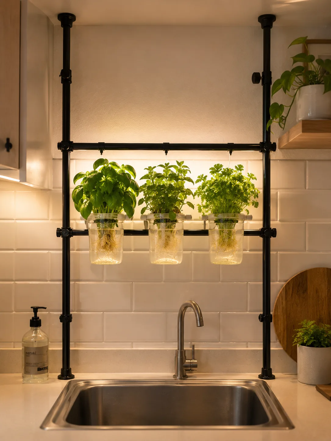 Vertical PVC pipe garden mounted on apartment balcony wall with multiple lettuce varieties growing from horizontal pockets at sunset, white reservoir at base, city skyline visible
