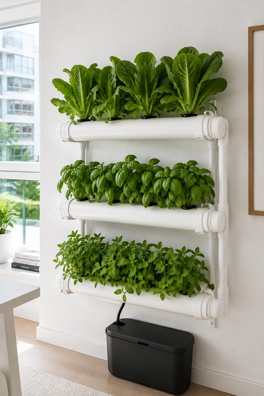 White PVC pipe NFT system mounted on apartment wall with three rows of romaine lettuce, basil, and mint, small black reservoir at base, Scandinavian interior