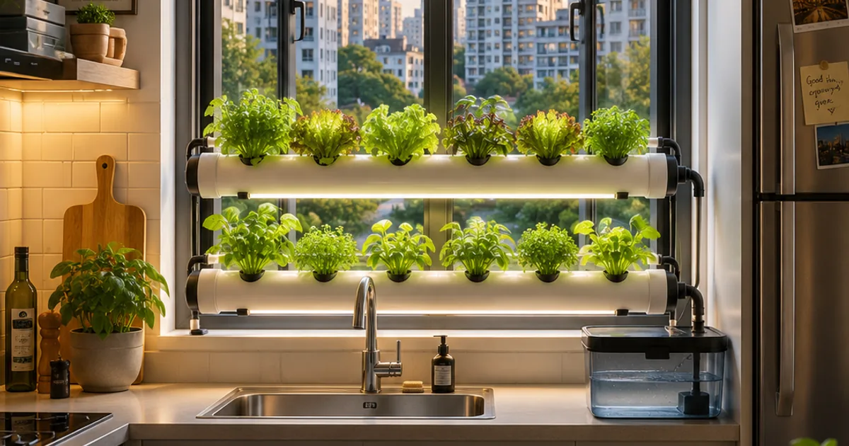 NFT hydroponic pipes mounted on apartment kitchen window frame with lettuce and herbs growing toward natural light, city view in background, LED strip lights visible